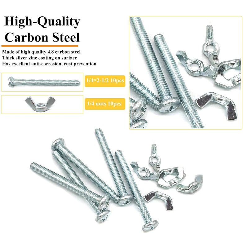 Matrelt 20Pack 1/4"-20 x2-1/2 Screw Bolts and Wing Nut Kit 10pcs Machine Screws with Round Head Phillips 10pcs Butterfly Hand Twist Tighten Nut Zinc Plated Hardware Fitting Fastenings Assortment Kit - Image 3